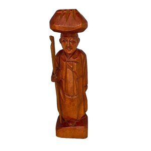 Vintage Hand Carved Wooden Asian Figure Man with staff
